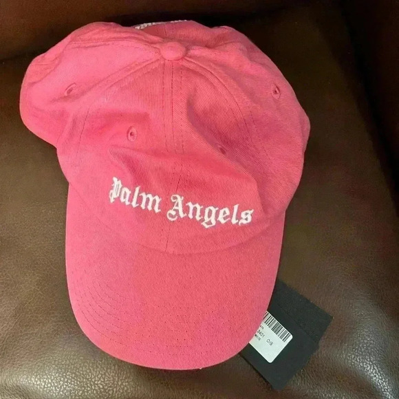 NWT PALM ANGELS LOGO-EMBROIDERED COTTON STRAP BACK CAP HAT BABY PINK WHITE - Picture 4 of 6